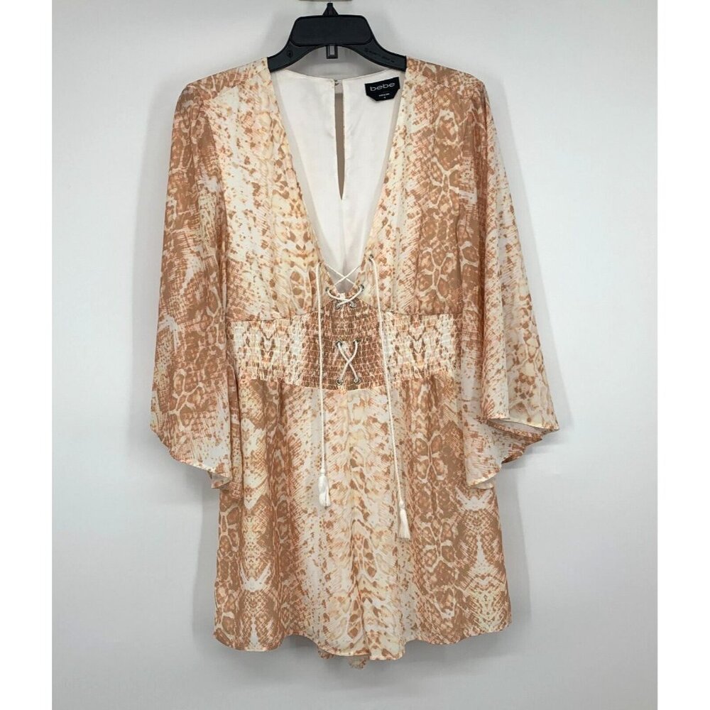 Bebe Romper Snake Print Lace Up V Neck Flutter Sleeve Smocked - Picture 3 of 15